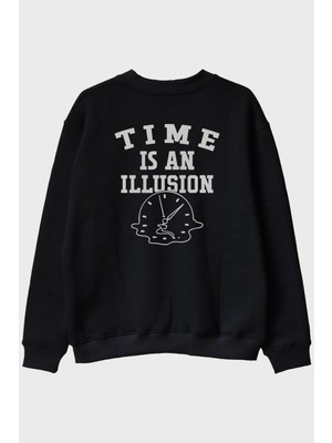 Nuugg Time Is An Illusion Baskılı Minimalist Siyah Bisiklet Yaka Sweatshirt