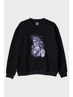 Nuugg Özgürlük Heykeli Stilinde Illüstrasyonlu Baskılı Siyah Bisiklet Yaka Sweatshirt