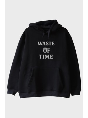 Nuugg Waste Of Time Baskılı Minimalist Siyah Hoodie