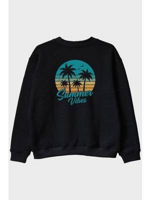 Nuugg Summer Vibes Baskılı Tropik Plaj Tasarımlı Siyah Bisiklet Yaka Sweatshirt