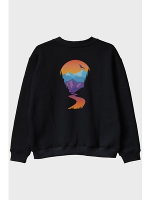 Nuugg Montain Baskılı Doğal Manzara Tasarım Siyah Bisiklet Yaka Sweatshirt