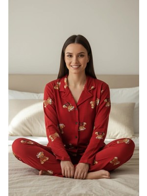 EQru Ayıcık Desenli Milan Kumaş Gömlek Yaka Kırmızı Kadın Pijama Takımı