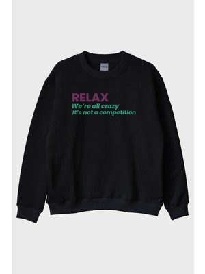 Nuugg Relax Mesajlı Minimal Baskılı Siyah Bisiklet Yaka Sweatshirt