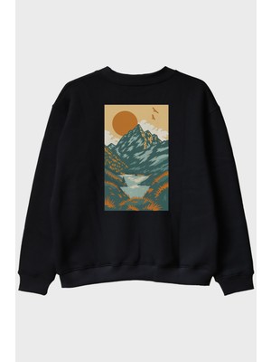 Nuugg Doğa Manzaralı Turuncu Güneşli Baskılı Siyah Bisiklet Yaka Sweatshirt