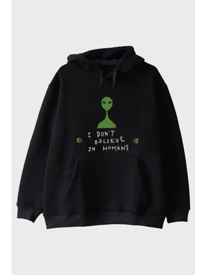 Nuugg I Don’t Believe In Humans Uzaylı Baskılı %100 Pamuk Siyah Hoodie