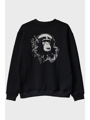 Nuugg Kulaklık Takmış Goril Siyah Bisiklet Yaka Sweatshirt