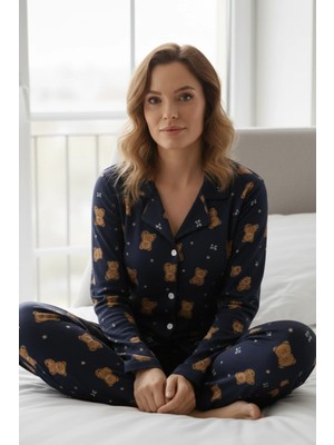 EQru Ayıcık Desenli Milan Kumaş Gömlek Yaka Lacivert Kadın Pijama Takımı