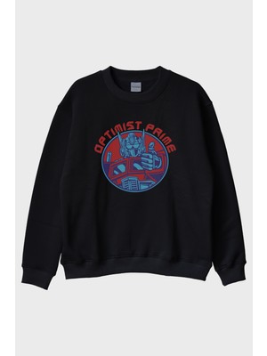 Nuugg Optımıst Prıme Tasarımlı Robot Baskılı Siyah Bisiklet Yaka Sweatshirt