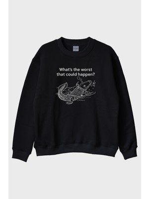 Nuugg What's The Worst That Could Happen? Deniz Canlısı Tasarımlı Siyah Bisiklet Yaka Sweatshirt