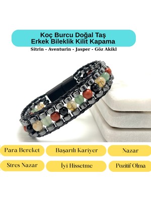 Yıldız Doğal Taş Sertifikalı Koç Burcu Disk Model Doğal Taş Erkek Bileklik Mıknatıslı Kilit