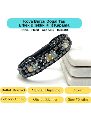 Yıldız Doğal Taş Sertifikalı Kova Burcu Disk Model Doğal Taş Erkek Bileklik Mıknatıslı Kilit