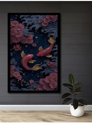 Petmudo AVM Altın Varaklı Pembe Koi Balıkları Çiçekli Dalga Desenli Ahşap Tablo Çerçeve Görünüm