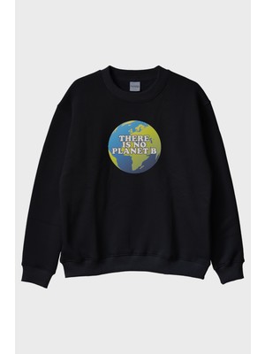 Nuugg There Is No Planet B Dünya Resimli Baskılı Siyah Bisiklet Yaka Sweatshirt