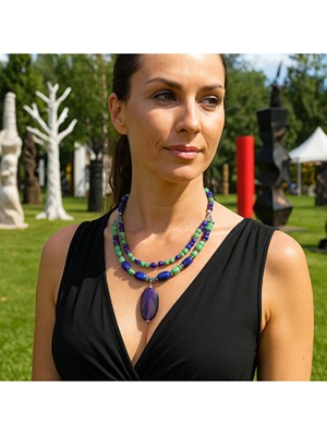 Asteria Elite Mor Yeşil Ceyt Iki Sıralı Ruhsal Denge Cesaret ve Negatif Enerji Kalkanı Kolye