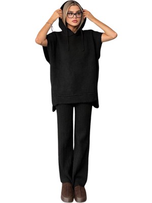 Kechı Woman Kapşonlu Yarım Kol Siyah Triko Takım