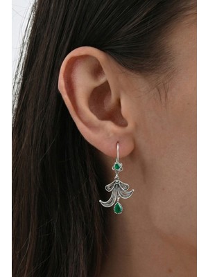 Söğütlü Silver 925 Ayar Gümüş Küpe Oksitli Yeşil Damla Taşlı Lale Motifli Telkari Küpe SGTL13240YESIL