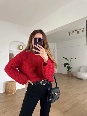 Pazarcan Salaş Delik Detaylı Kazak Kırmızı