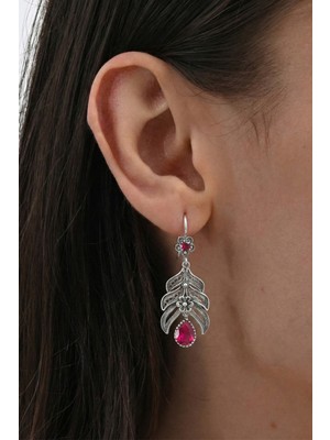 Söğütlü Silver 925 Ayar Gümüş Küpe Oksitli Fuşya Damla Taşlı Yaprak Model Telkari Küpe SGTL13239FUSYA