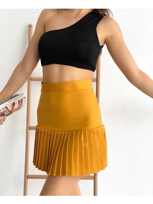 Pazarcan Altı Pliseli Mini Etek Hardal S24705