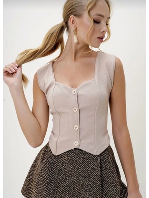 Pazarcan Krep Kumaş Düğmeli Yelek Bej S3395