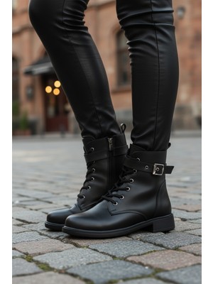 Ayakmod 209151 Z Soğuğa Dirençli Polarlı Tokalı Siyah Cilt Kadın Bot