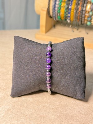 Sırlı Taş Ametist, Hematit Doğal Taş Bileklik, Unisex Bileklik, Tasarım Bileklik 6mm Ipli Ayarlanabilir