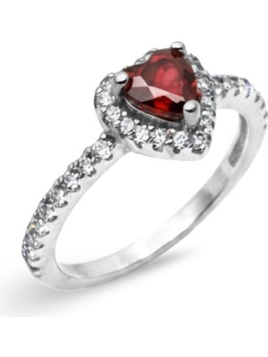 Oya Silver Lal Taşlı Kalp Kadın Gümüş Yüzük [OYSY120]