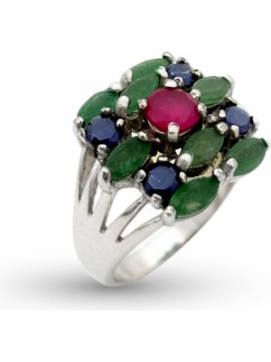 Oya Silver Kök Yakut Zümrüt Safir Taşlı Gümüş Kadın Yüzük [OYSY129]