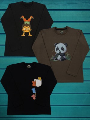 Pidal Giyim Avantajlı Paket Özel Baskılı Pamuklu Uzun Kollu Erkek Çocuk Üçlü Sweatshirt