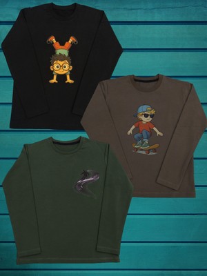 Pidal Giyim Avantajlı Paket Sportif Baskılı Pamuklu Uzun Kollu Erkek Çocuk Üçlü Sweatshirt