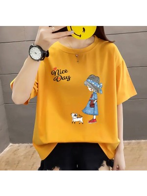 Amor Face Büyük Beden Özel Tasarım Nice Day Baskılı %100 Pamuk Oversize Modern Kadın T-Shırt