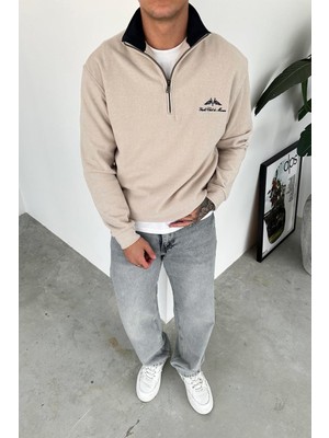 Krem Yacht Club Yarım Fermuar Relaxed Sweatshirt