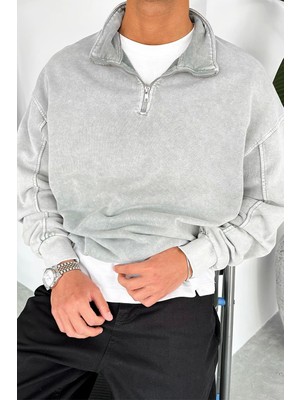 Açık Gri Acid Wash Yarım Fermuar Oversize Sweatshirt