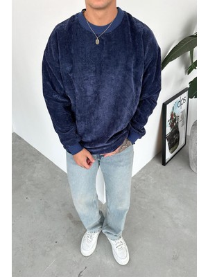 Lacivert Fitilli Kadife Basic Sweat