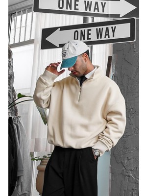 Krem Cozy Basic Yarım Fermuar Oversize Sweatshirt