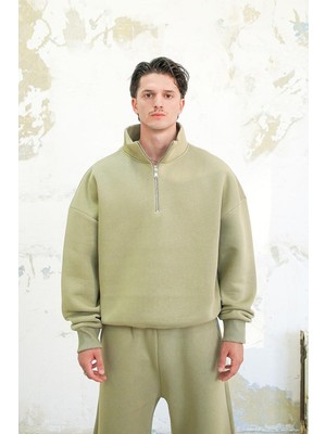Soft Yeşil Cozy Basic Yarım Fermuar Oversize Sweatshirt