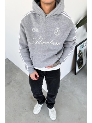 Gri Baskılı Şerit Detay Oversize Sweatshirt