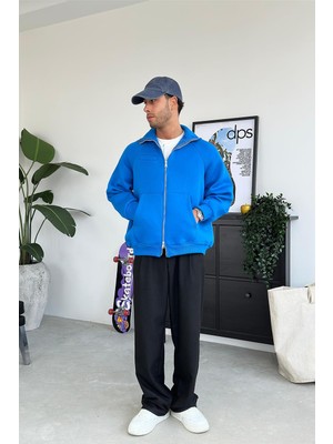 Saks Mavi Cozy Basic Çift Fermuar Oversize Sweatshirt