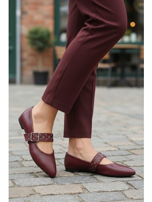 Ayakmod 209166 Z Bordo Cilt Kadın Tokalı Babet Günlük Ayakkabı