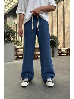 Petrol Fitilli Beli Lastikli Keten Go Baggy Pantolon