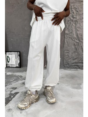 Beyaz Cozy Premium Çımalı Paça Lastik Eşofman