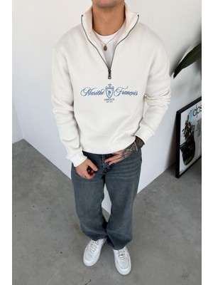 Beyaz Baskılı Yarım Fermuar Oversze Sweatshirt