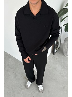 Siyah Local Nakış Oversize Polo Yaka Sweatshirt