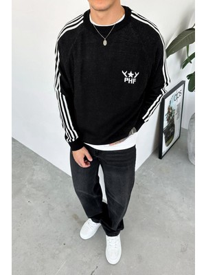 Siyah Şerit Detay Baskılı Oversize Sweat
