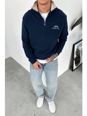 Lacivert Yacht Club Yarım Fermuar Relaxed Sweatshirt