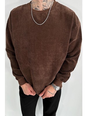 Kahverengi Fitilli Kadife Basic Sweat