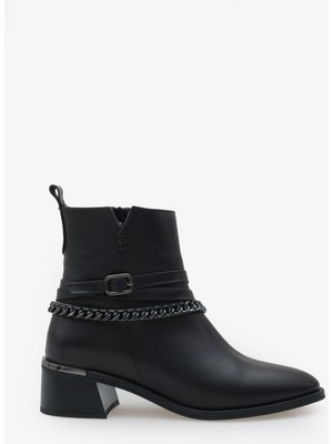 Puise Kadın Hakiki Deri Zincir Detaylı Kısa Bot - Siyah