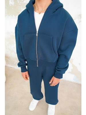 Lacivert Cozy Basic Tam Fermuar Oversize Sweatshirt