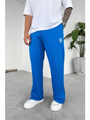 Mavi Paçası Fermuarlı Nakış Detay Baggy Eşofman