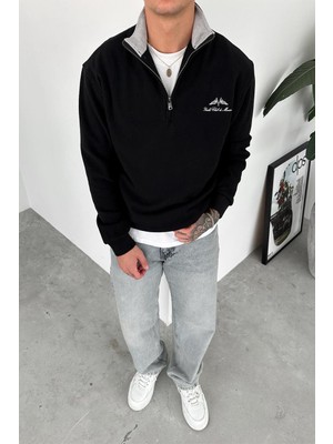 Siyah Yacht Club Yarım Fermuar Relaxed Sweatshirt